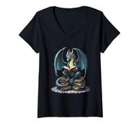 Donna Halloween Vibes Fantasy Dragon Che Legge la Biblioteca Magica Maglietta con Collo a V