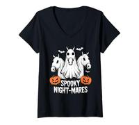 Donna Halloween Western Spooky Night Mares Cavallo Fantasma Carino Maglietta con Collo a V