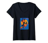 Donna Halloween Witch Pinup Scopa da Equitazione con Gatto Nero Maglietta con Collo a V