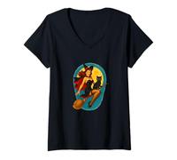 Donna Halloween Witch Pinup Scopa da Equitazione con Gatto Nero Maglietta con Collo a V