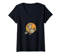 Donna Halloween Witch Pinup Scopa da Equitazione con Gatto Nero Maglietta con Collo a V