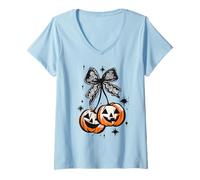 Donna Halloween Zucca Ciliegie Arco Coquette Spooky Ghost Bow Maglietta con Collo a V