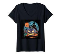 Donna Halloween Zucca spettrale Ragno Strega Palazzo Notte Luna Divertimento Maglietta con Collo a V