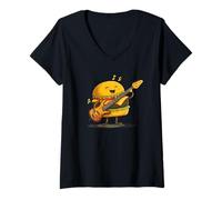 Donna Hamburger Sorridente con Chitarra per Fast Food Rocker Maglietta con Collo a V