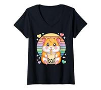 Donna Hamster Kawaii con Bubble Tea Arcobaleno Carino Maglietta con Collo a V