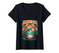 Donna Hanalei Kauai Bay Hawaii Delfino tropicale Tramonto Scena Maglietta con Collo a V