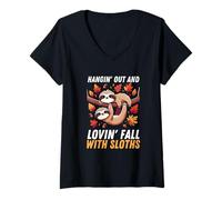 Donna Hangin Autunnale e Lovin Fall con bradipi Ringraziamento Maglietta con Collo a V
