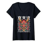 Donna Hannya Oni Mask Devil Yokai - Maschera Giapponese con Tatuaggio Demone Maglietta con Collo a V