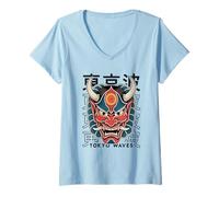 Donna Hannya Oni Mask Devil Yokai - Maschera Giapponese con Tatuaggio Demone Maglietta con Collo a V