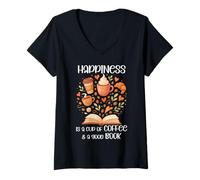 Donna Happiness Cup of Coffee And a Good Book Brown Fall Reading Maglietta con Collo a V