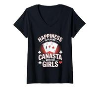 Donna Happiness Is Playing Canasta Gioco di Carte con Le Ragazze Maglietta con Collo a V