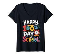 Donna Happy 100th Day of School Icone Scuola Colorate Maestra Maglietta con Collo a V