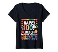 Donna Happy 100th Day Rainbow Hearts Stars Classroom Kindergarten Maglietta con Collo a V