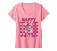 Donna Happy 4th of July USA Bandiera Americana Patriottica Ragazza Mamma Maglietta con Collo a V