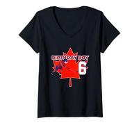 Donna Happy 6th Birthday Boy Canada Maple Leaf Hockey su Ghiaccio Maglietta con Collo a V