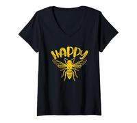 Donna Happy Bee Lovers Vibrante Spirito gioioso Maglietta con Collo a V
