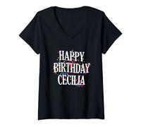 Donna Happy Birthday Cecilia First Name Girls Colorful Bday Maglietta con Collo a V