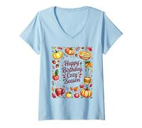 Donna Happy Birthday Cozy Season Zucche Foglie Bevande calde Maglietta con Collo a V