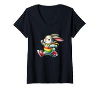 Donna Happy Bunny Jump Day Rainbow Adventure Maglietta con Collo a V
