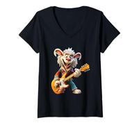 Donna Happy Cartoon Rabbit Rocker Che Suona la Chitarra elettrica Maglietta con Collo a V