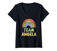 Donna Happy Colorful Team Angela Rainbow Pride Green Yellow Maglietta con Collo a V