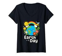 Donna Happy Earth Day 2025 - Orecchino a forma di pianeta floreale con api Maglietta con Collo a V