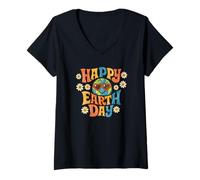 Donna Happy Earth Day Retro Anni '70 Groovy Globe Heart Occhiali da Sole Maglietta con Collo a V