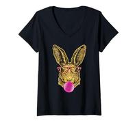 Donna Happy Easter Cute Bunny Face with Bubble Gum Leopard Glasses Maglietta con Collo a V