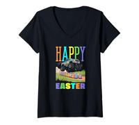 Donna Happy Easter Monster Truck Cool Digger Ragazzi Bambini Bambino Maglietta con Collo a V