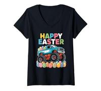 Donna Happy Easter Monster Truck Uova Colorate Pasqua Bambini Maglietta con Collo a V