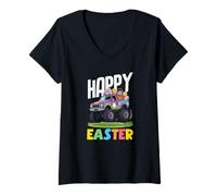 Donna Happy Easter Monster Truck Viola Pickup Basket Uova Ragazzi Maglietta con Collo a V