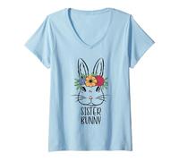 Donna Happy Easter Ostern Kostüm mit Korb und Ostereiern Osterhase Maglietta con Collo a V