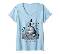 Donna Happy Easter Pasqua Vintage Retro Coniglio Fiori Maglietta con Collo a V