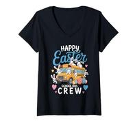 Donna Happy Easter School Bus Crew Bunny Easter Eggs Bus Drivers Maglietta con Collo a V