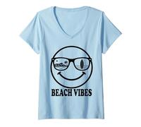 Donna Happy Face - Occhiali da Sole per Spiaggia, Surf, Oceano, Hawaii, Estate Maglietta con Collo a V