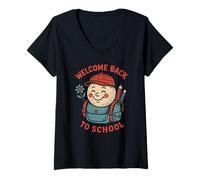 Donna Happy Face, vestito da insegnante da donna, con scritta "Welcome Back To School Maglietta con Collo a V