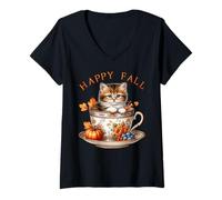 Donna Happy Fall Coffee Graphic for Women Kitten Mom And Cat Lover Maglietta con Collo a V