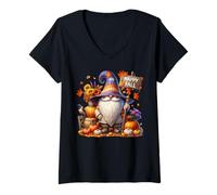 Donna Happy Fall GNOME with Farm Fresh Pumpkins And Autumn Vibes Maglietta con Collo a V