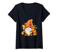 Donna Happy Fall GNOME Zucca Autunno Ringraziamento Uomini Donne Maglietta con Collo a V