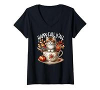 Donna Happy Fall YALL Autumn Graphic for Cat Lover Cute Kitten Maglietta con Collo a V