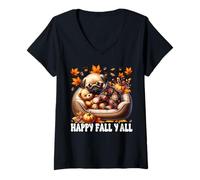 Donna Happy Fall YALL Decor Autumn Vibes Cozy Season Cute Fall Pug Maglietta con Collo a V