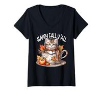 Donna Happy Fall YALL for Cat Lover And Kitten Mom Cute Autumn Maglietta con Collo a V