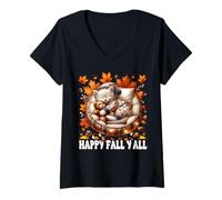 Donna Happy Fall YALL Graphic for Cat Lover Cute Kitten Autumn Cat Maglietta con Collo a V