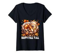 Donna Happy Fall YALL Graphic for Women with Fall Golden Retriever Maglietta con Collo a V