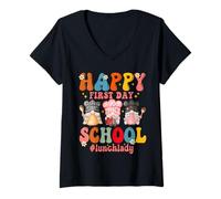 Donna Happy First Day of School Cafeteria Worker Pranzo Signora Divertente Maglietta con Collo a V
