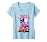 Donna Happy Flamingoween Flamingo Strega Zucca Divertente Halloween Maglietta con Collo a V
