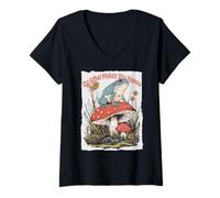 Donna Happy Frog on Toadstool Cottagecore - Fungo Divertente Maglietta con Collo a V