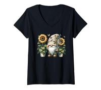 Donna Happy Gardening Gnome With Butterflies Decor Cute Sunflower Maglietta con Collo a V