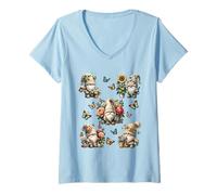 Donna Happy Gardening Gnomes With Butterflies Cute Summer Flower Maglietta con Collo a V