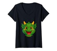 Donna Happy Green Cartoon Dragon Face Illustration Maglietta con Collo a V
